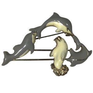 Dolphin Enamel Brooch Pin Slides Water Splash Marine Mechanical En Tremblant Vtg